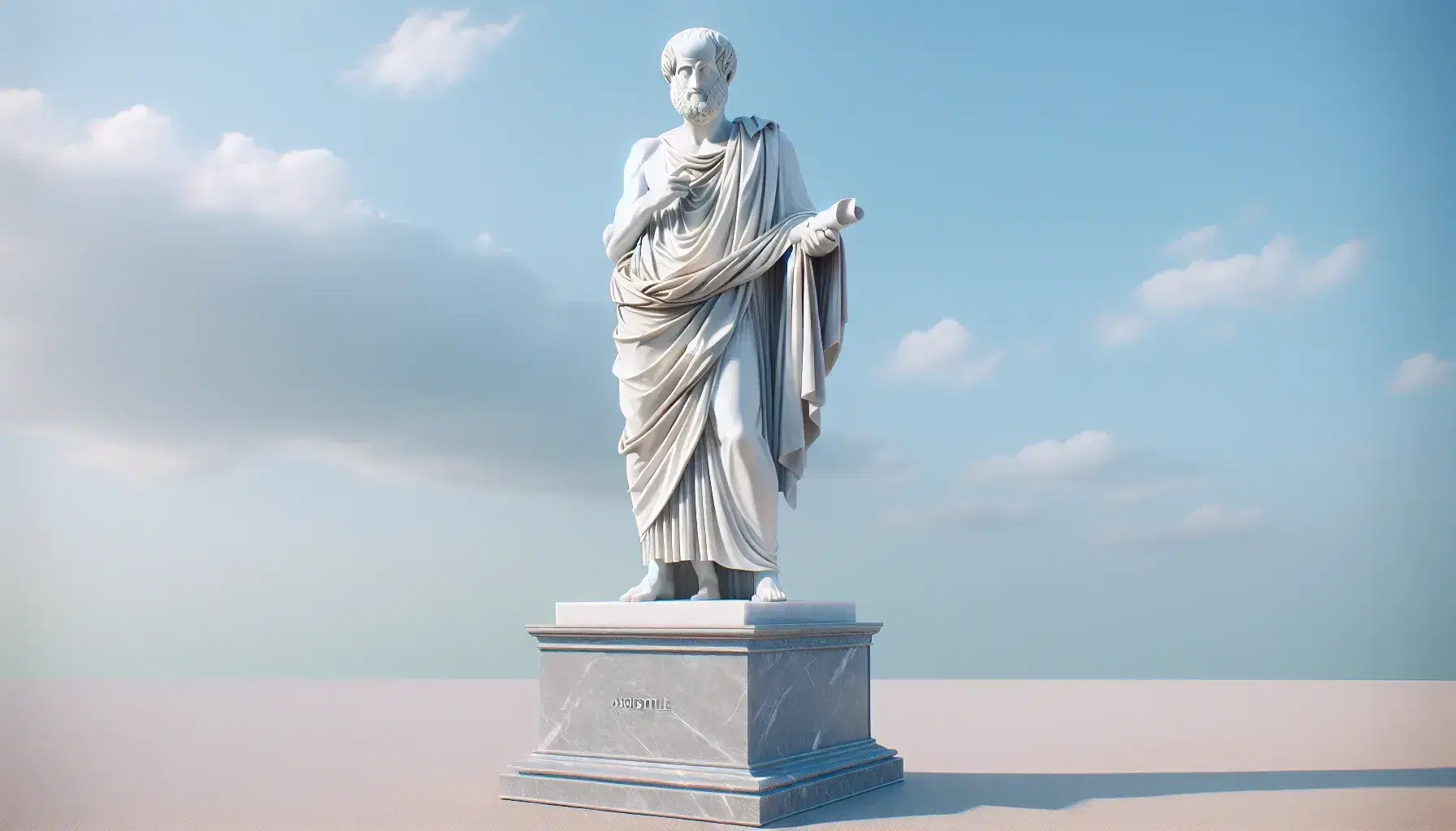 Estatua de mármol blanco de Aristóteles de pie, con túnica y gesto pensativo, sosteniendo un pergamino, sobre pedestal gris, bajo cielo azul claro.