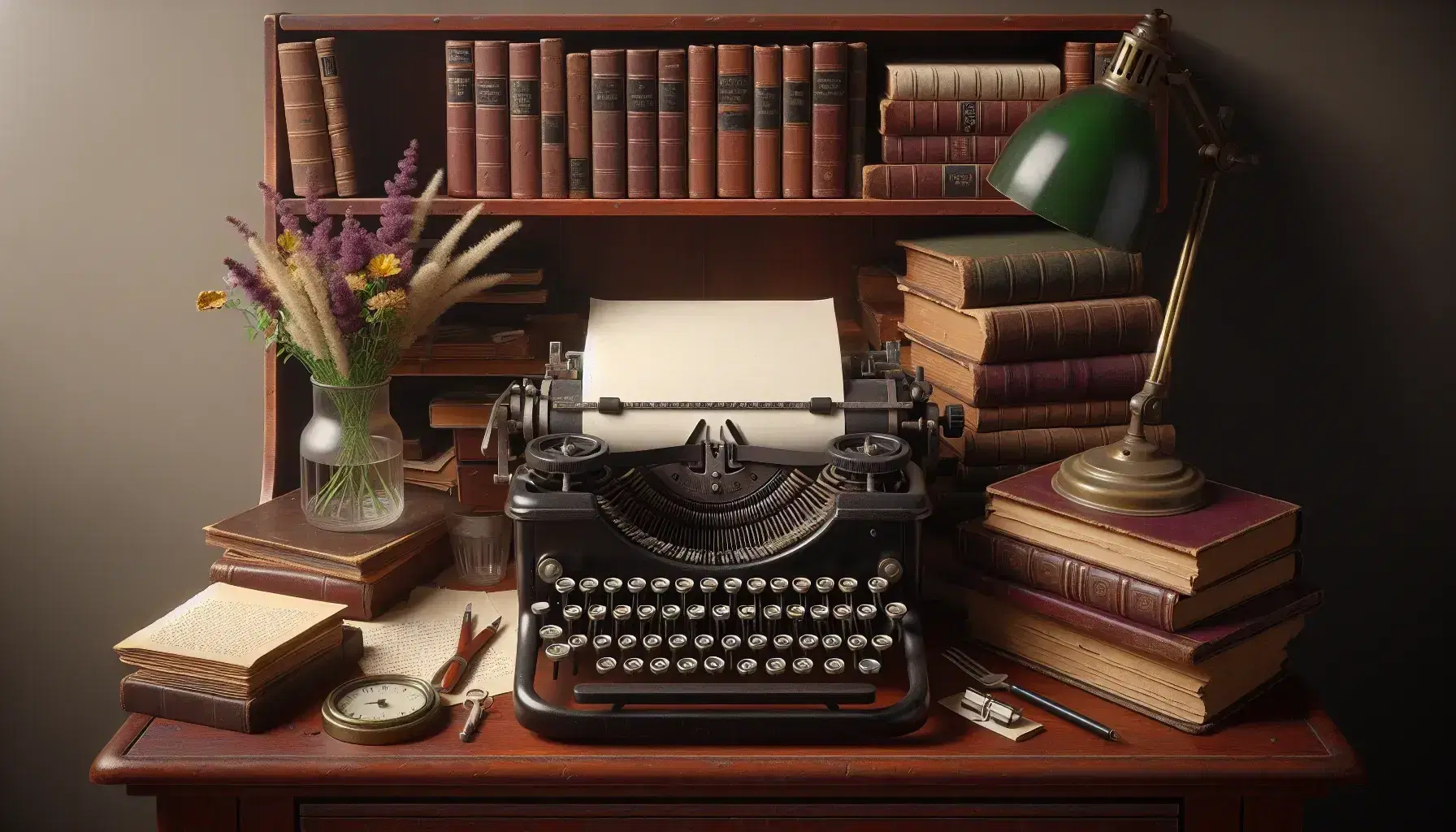 Vintage typewriter with blank paper on a mahogany desk, surrounded by worn hardcover books, a vase of wildflowers, and a brass lamp with a green shade.