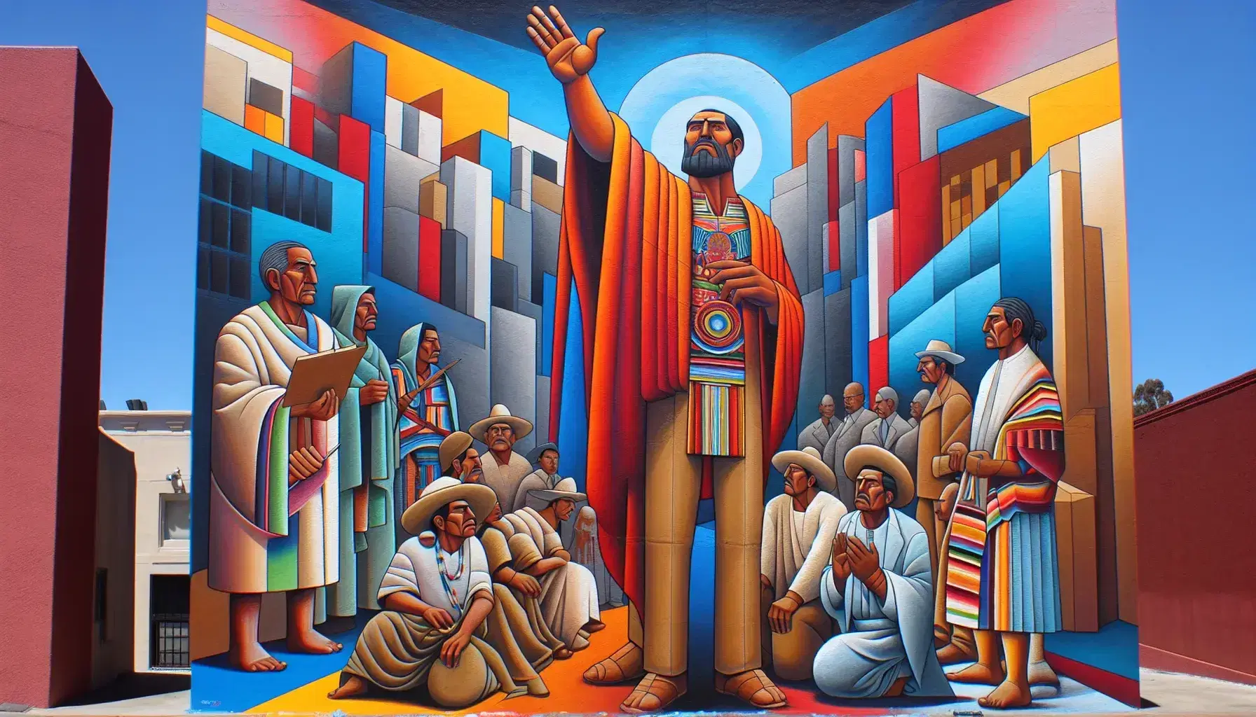 Mural colorido con figura humana central en atuendo mexicano tradicional y figuras menores en diversas posturas, sobre fondo de edificaciones estilizadas.