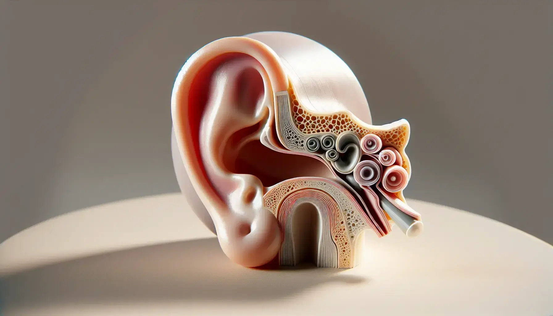 Modello anatomico tridimensionale dettagliato dell'orecchio umano con pinna esterna rosa, canale uditivo, timpano bianco e ossicini avorio.