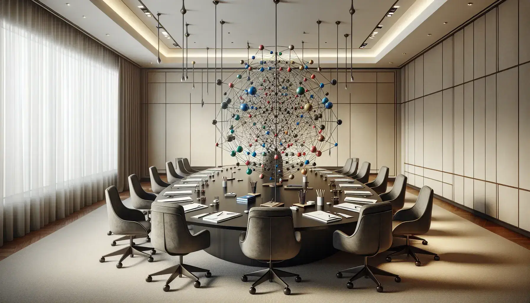 Sala de reuniones espaciosa con mesa ovalada de madera, sillas ergonómicas grises, carpetas de colores, útiles de escritura y modelo abstracto en el centro, iluminada y con vista urbana.