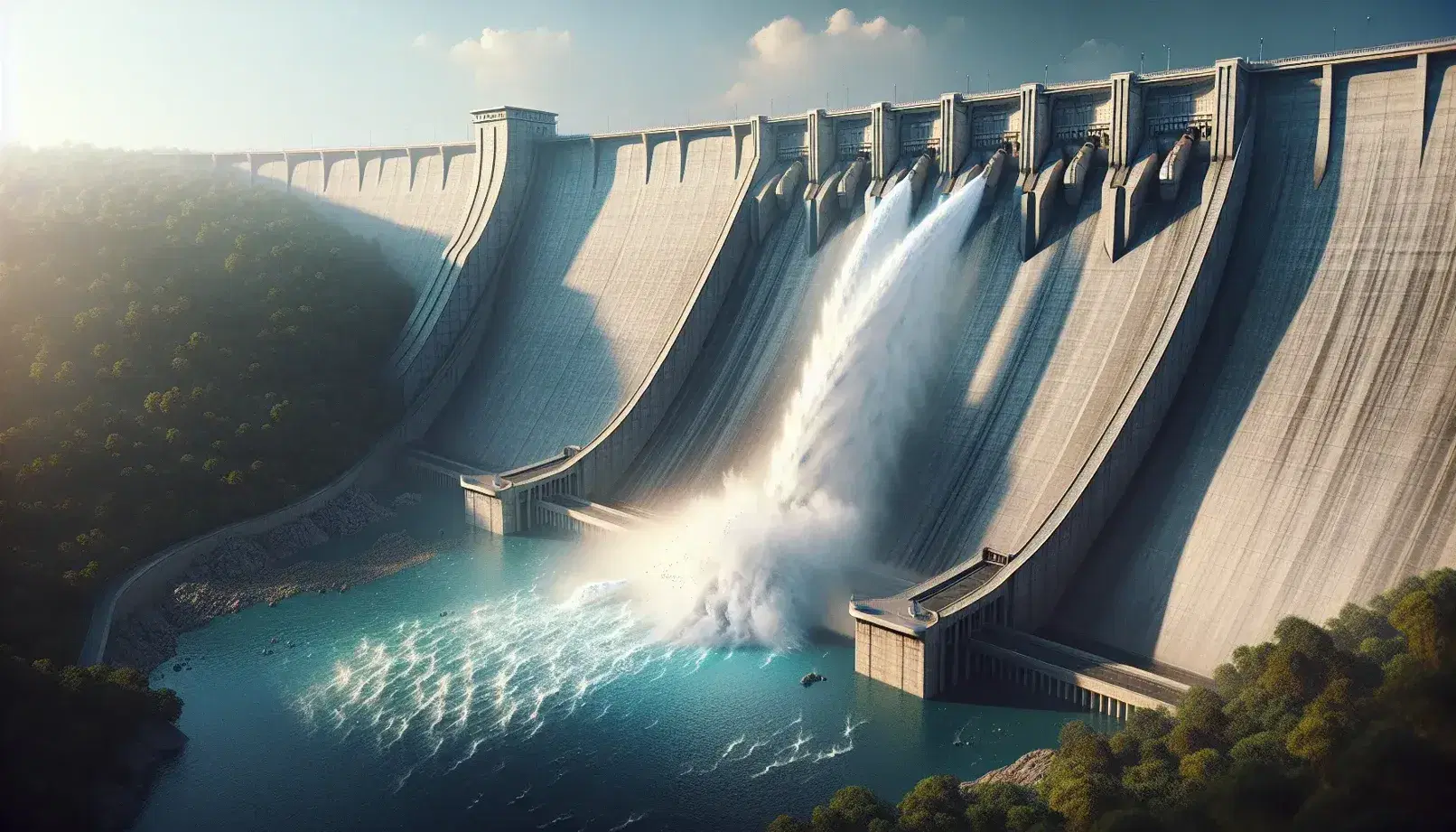 Diga di cemento grigio con lago artificiale e getti d'acqua, circondata da vegetazione verde e cielo azzurro con nuvole sparse.