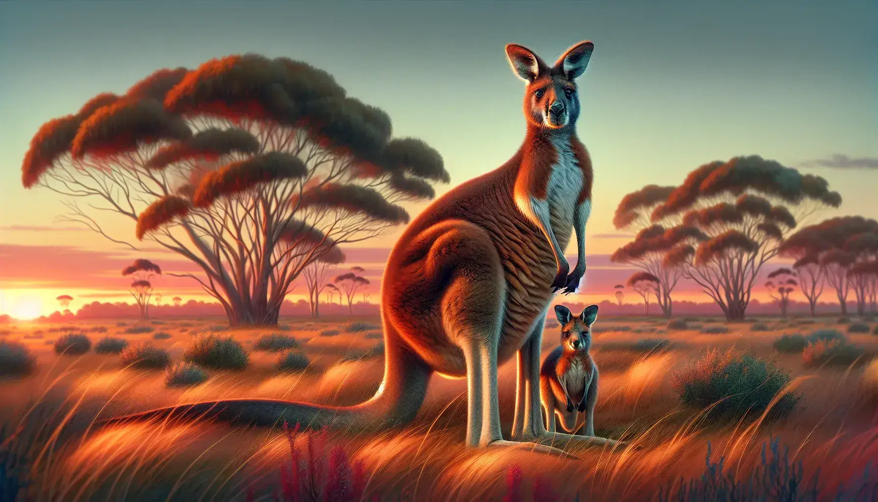 Mother kangaroo with joey in pouch stands on grassy plain at sunset, with Australian eucalyptus trees in the background and a gradient sky.