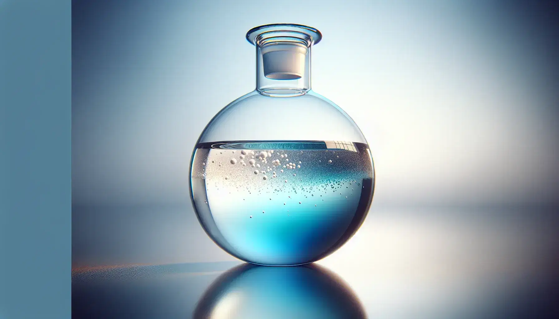 Glass flask with round bottom on reflective surface, containing blue liquid and suspended white crystals, with gas visible at the top.