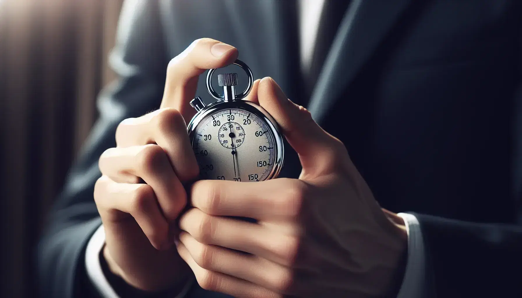 Close-up view of hands holding a silver stopwatch with a black interface, poised to press the top button, against a blurred office backdrop.