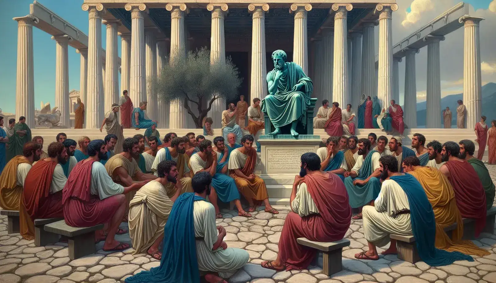 Statua di bronzo di Aristotele in un'agora greca con persone in tuniche colorate discutenti, colonne di marmo e alberi di ulivo sullo sfondo.