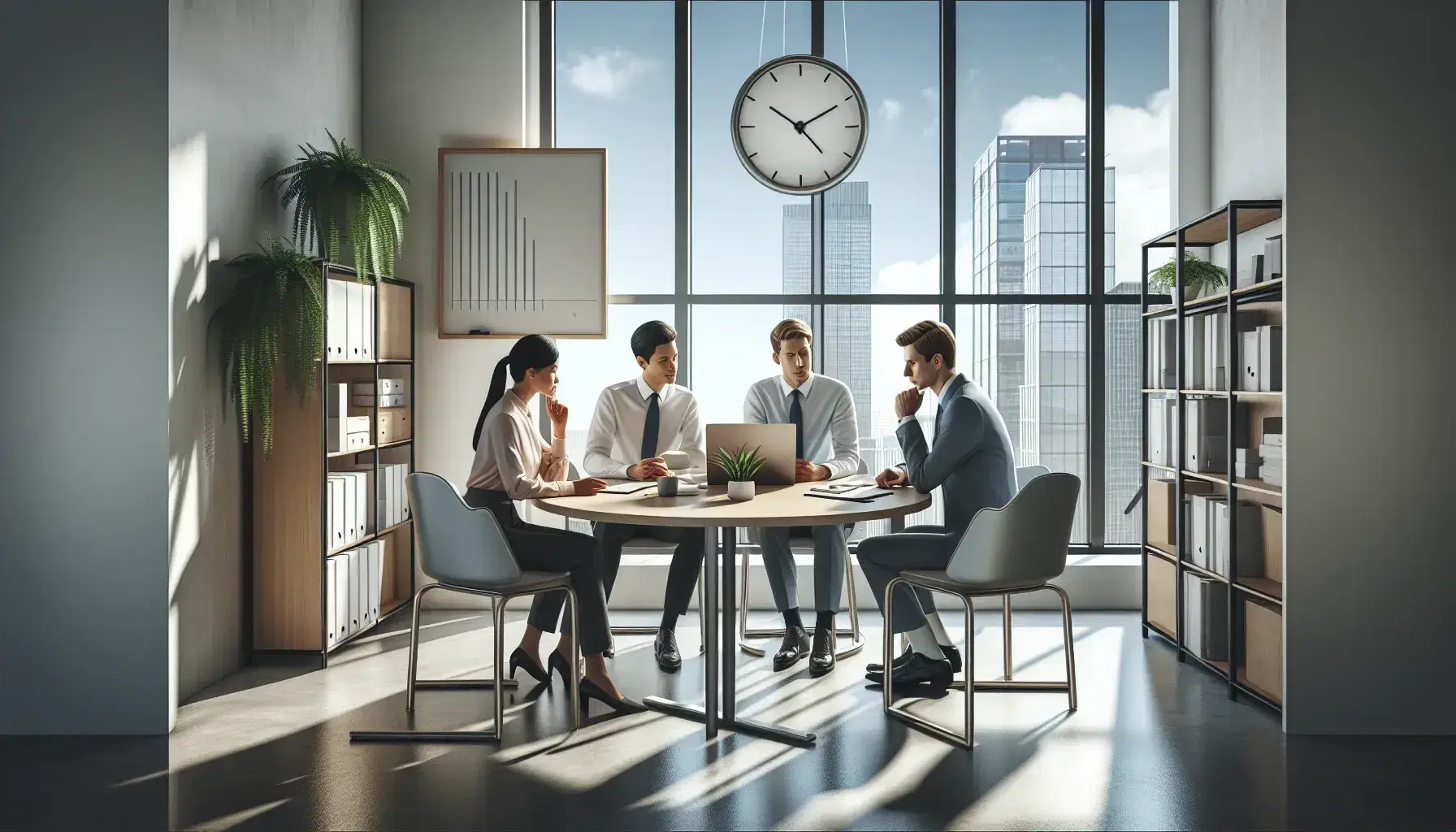 Cuatro profesionales en reunión de trabajo alrededor de una mesa redonda con un portátil, en una oficina iluminada con grandes ventanas y cielo despejado al fondo.