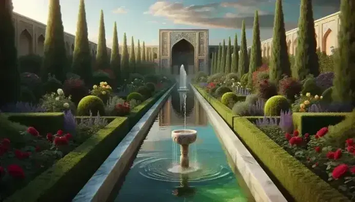 Traditional Persian garden with a central water channel, marble fountain, and a variety of flowers, framed by cypress trees and a sandstone architectural backdrop under a clear sky.