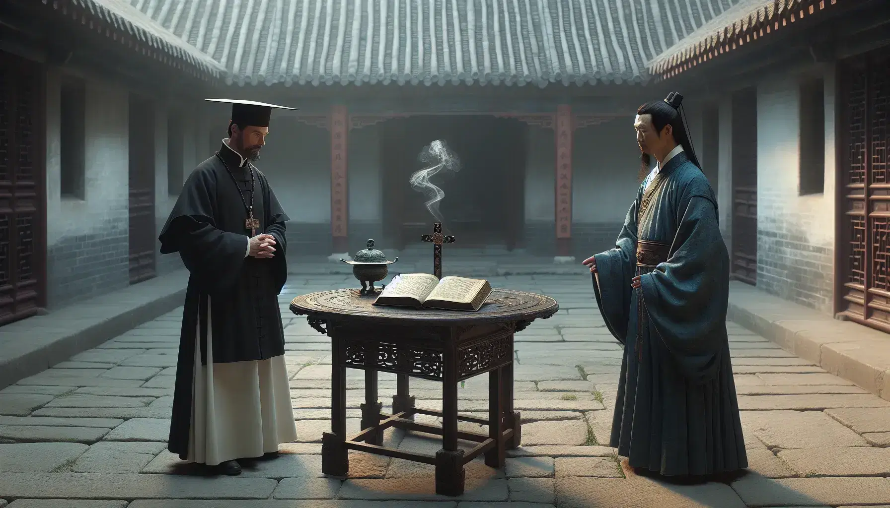 European missionary and Chinese scholar converse in an ancient courtyard with a book, crucifix, and incense burner, set against a tranquil Chinese garden backdrop.