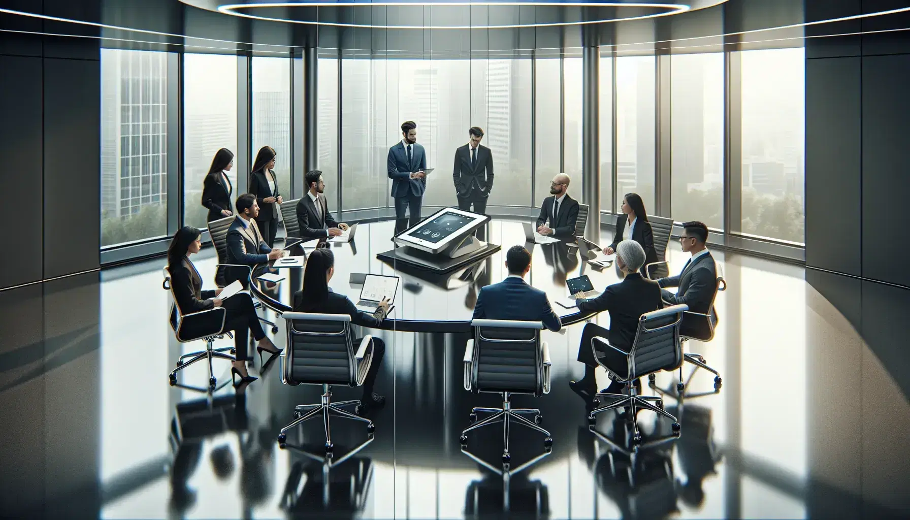 Diverse team of professionals collaborates around a glass table with laptops, a smartphone, a tablet, and a digital payment terminal in a well-lit office.