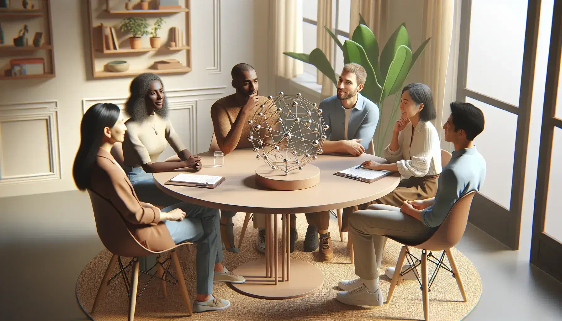 Grupo diverso de cinco personas en reunión de trabajo alrededor de una mesa redonda con un modelo de esferas interconectadas, en una sala iluminada naturalmente.