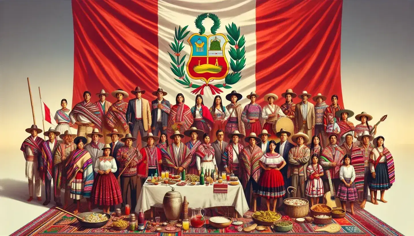 Grupo diverso de personas con trajes típicos peruanos frente a bandera de Perú, acompañados de platos tradicionales y instrumentos andinos bajo cielo azul.