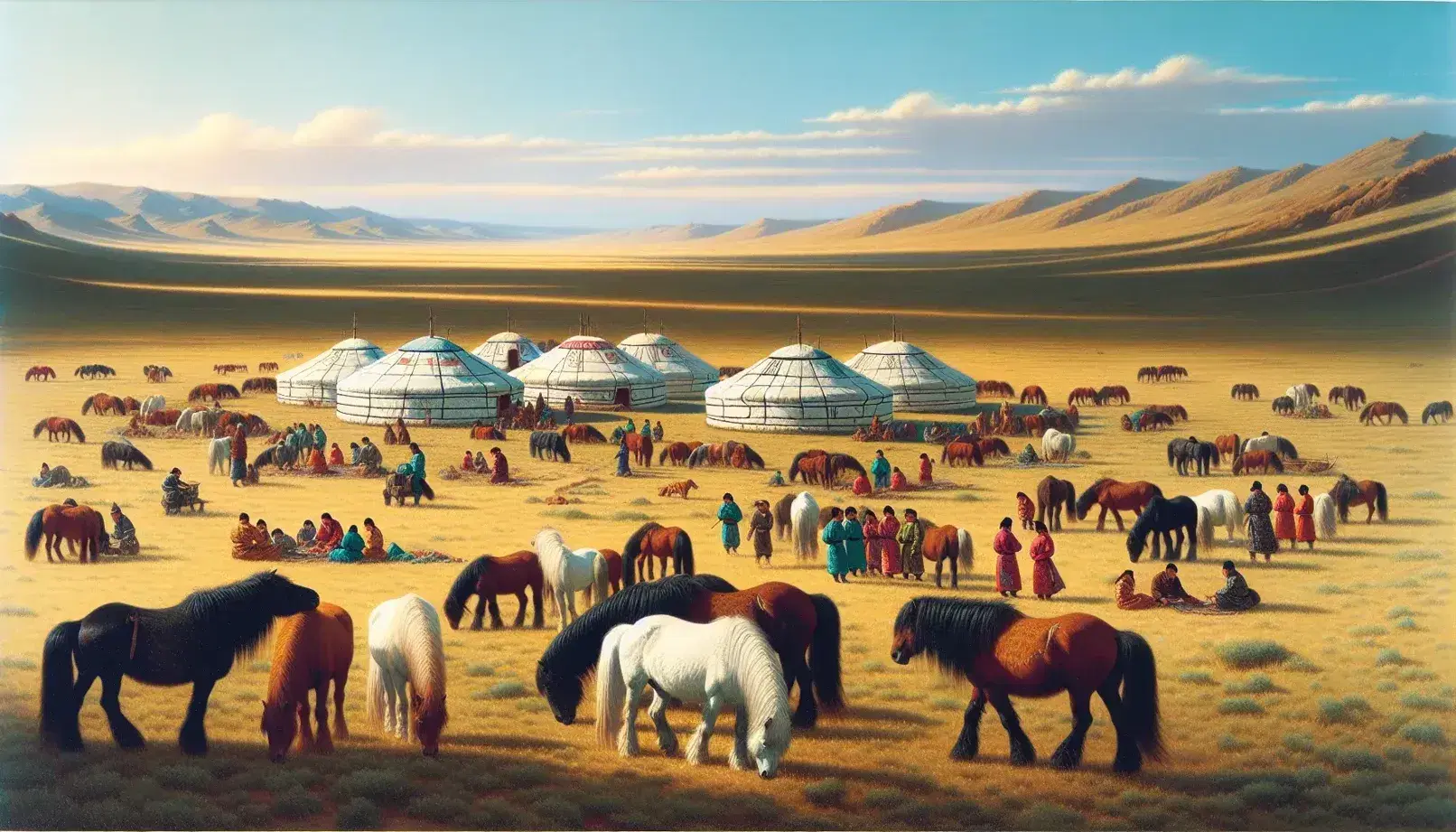 Mongolian horses graze on a sparse grassland steppe with traditional gers and locals in colorful attire under a clear blue sky.
