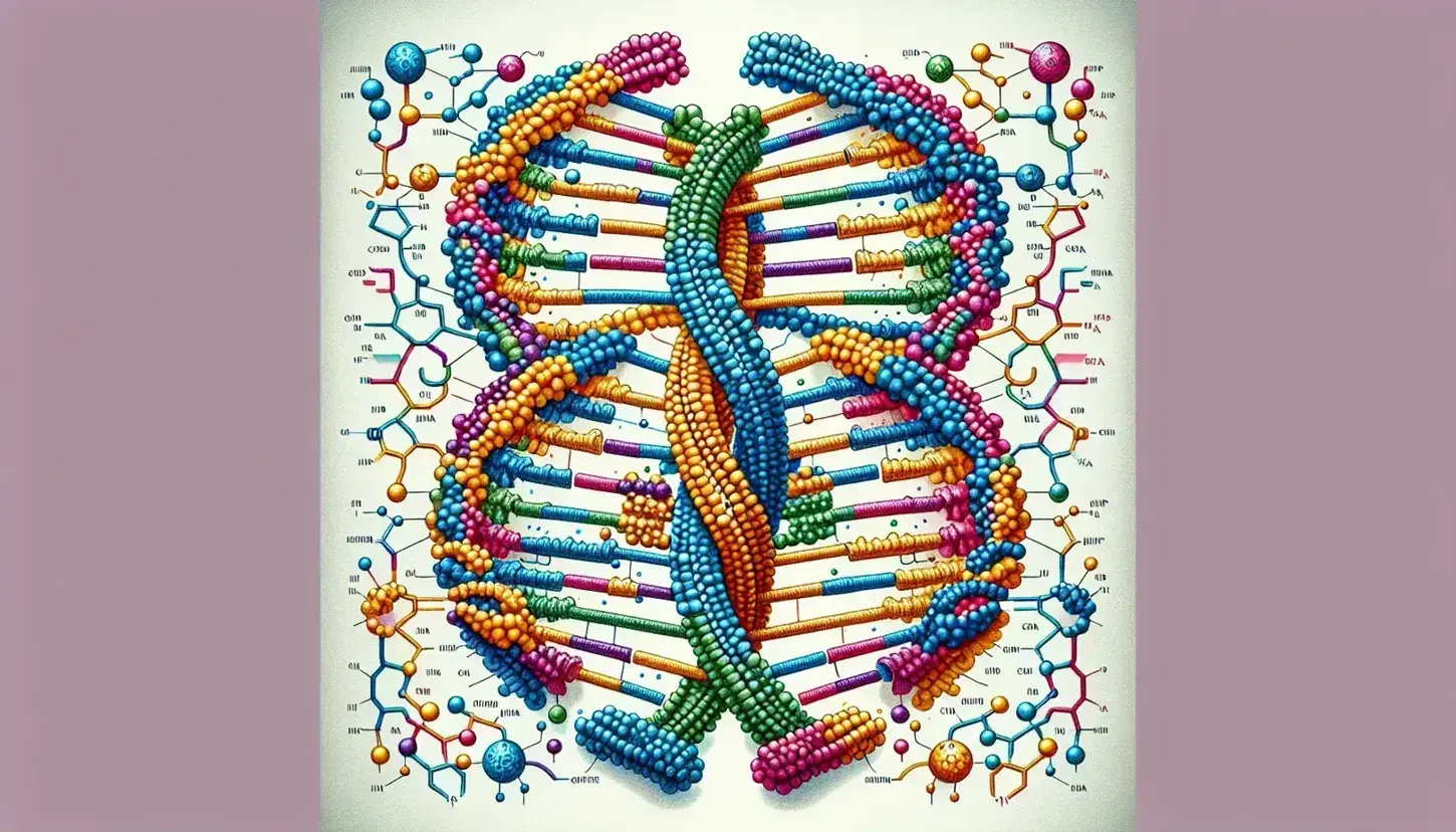 Molecola di DNA in duplicazione con elica che si separa e enzimi come elicasi e DNA polimerasi attorno, senza etichette.
