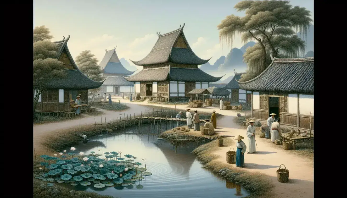 Serene medieval East Asian village scene with thatched cottages, villagers in earth-toned robes, a reflective pond with lotus flowers, and a multi-tiered pagoda.