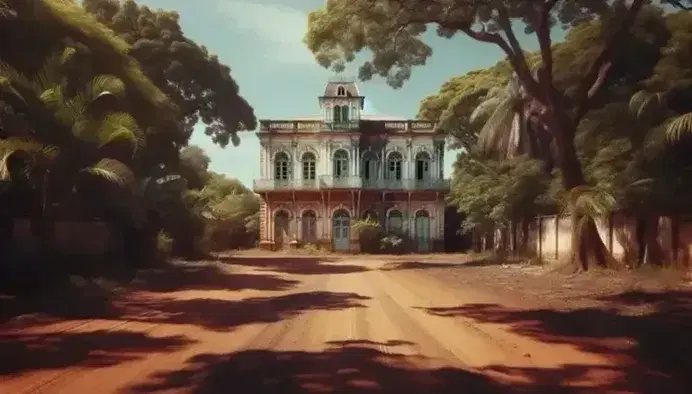 Colonial French-style building with tall windows and iron balconies, surrounded by tropical foliage, under a clear blue sky on an unpaved road.