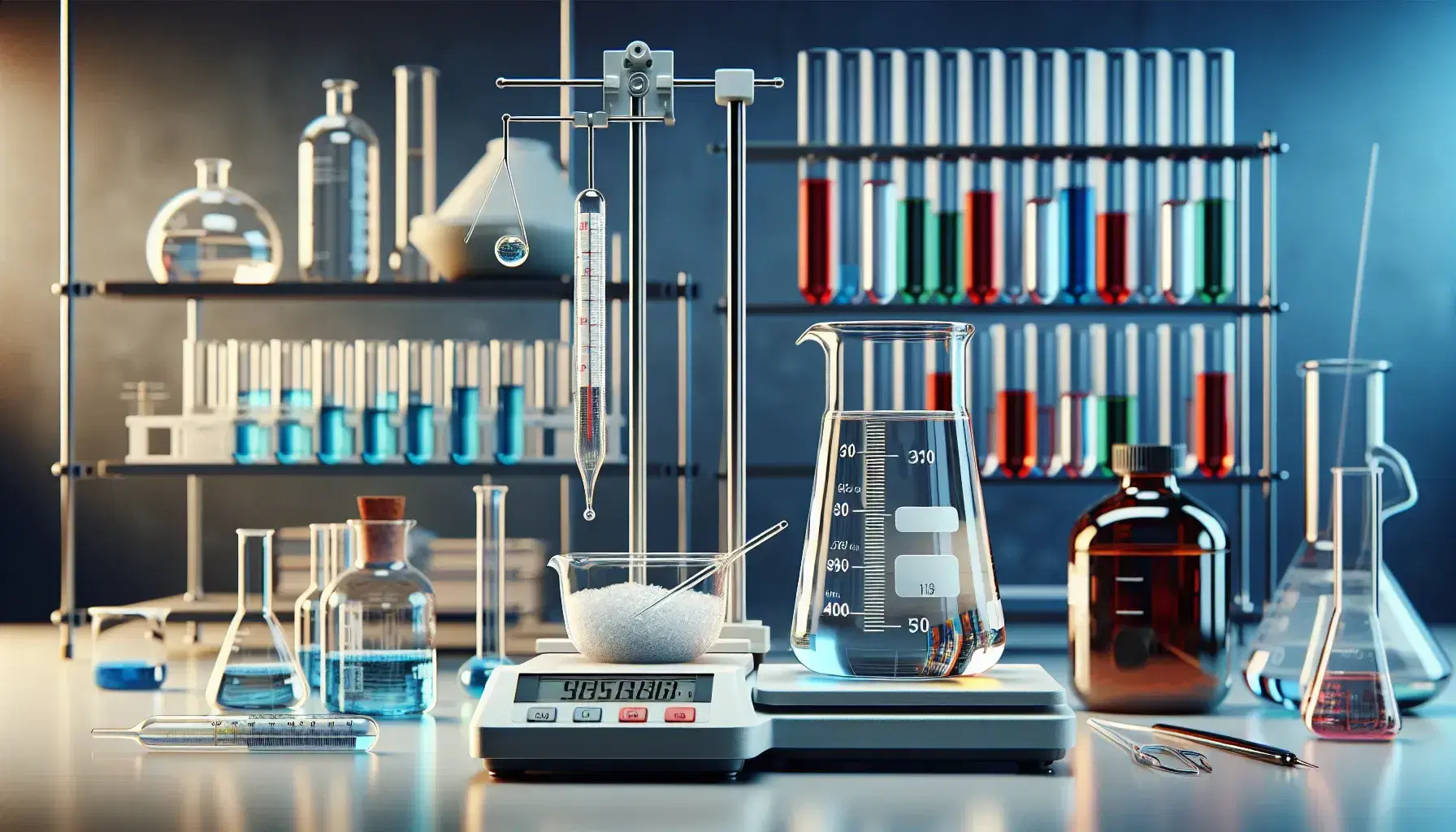 Laboratorio scientifico con becher, termometro, provette colorate, bilancia analitica digitale e pipetta, simboli di solubilità e soluzioni.