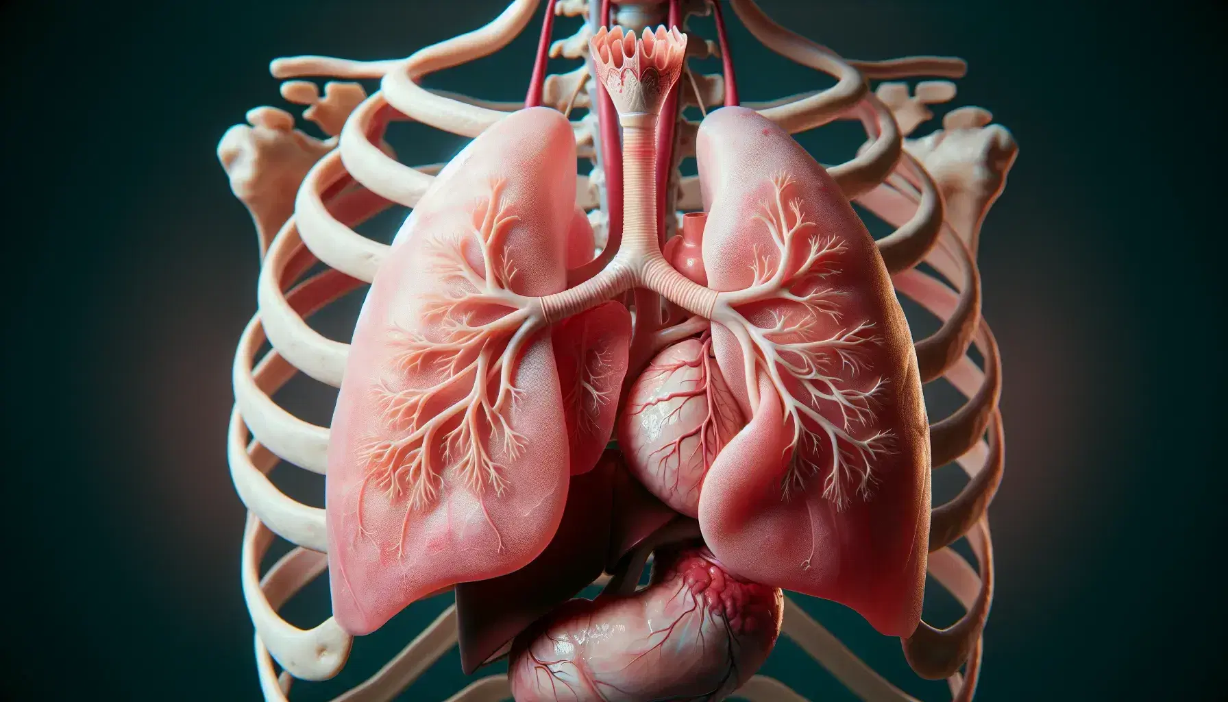 Pulmones humanos sanos de color rosa claro dentro de la cavidad torácica con costillas visibles, tráquea y corazón rojo oscuro al fondo.