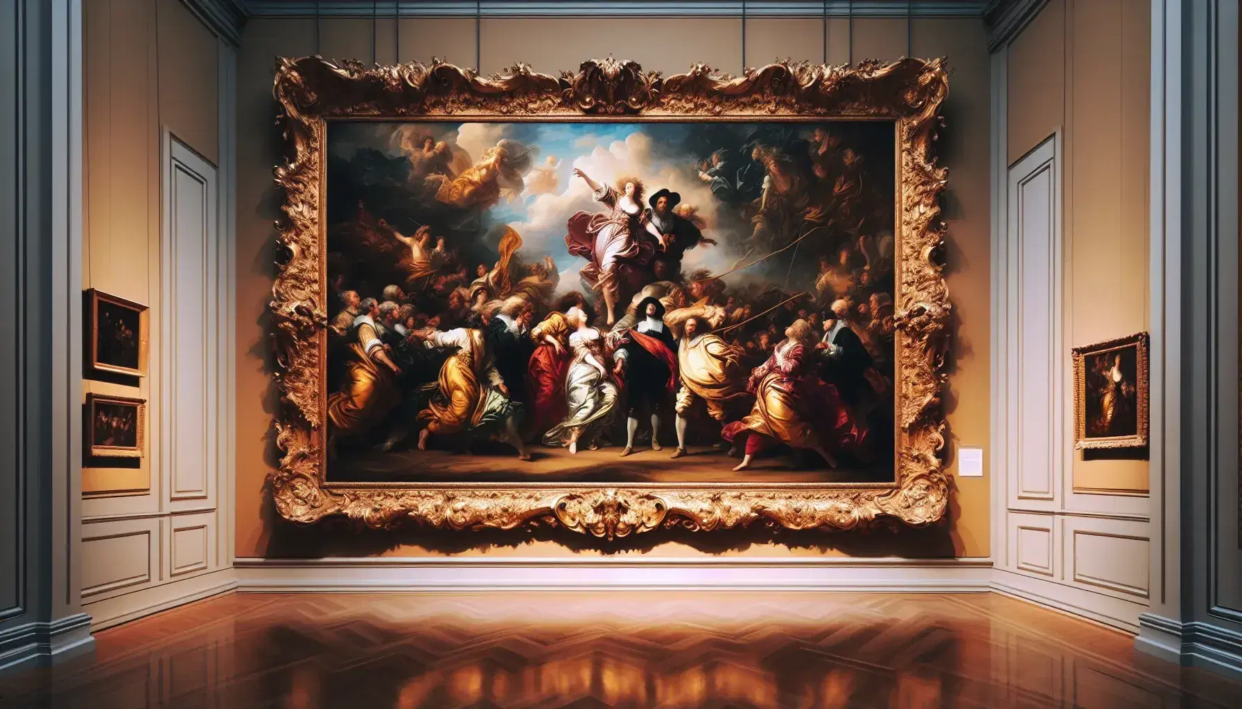 Pintura al óleo barroca en marco dorado con figuras en vestimenta del siglo XVII, colores rojos, dorados y azules, en museo con pared crema y suelo de madera.