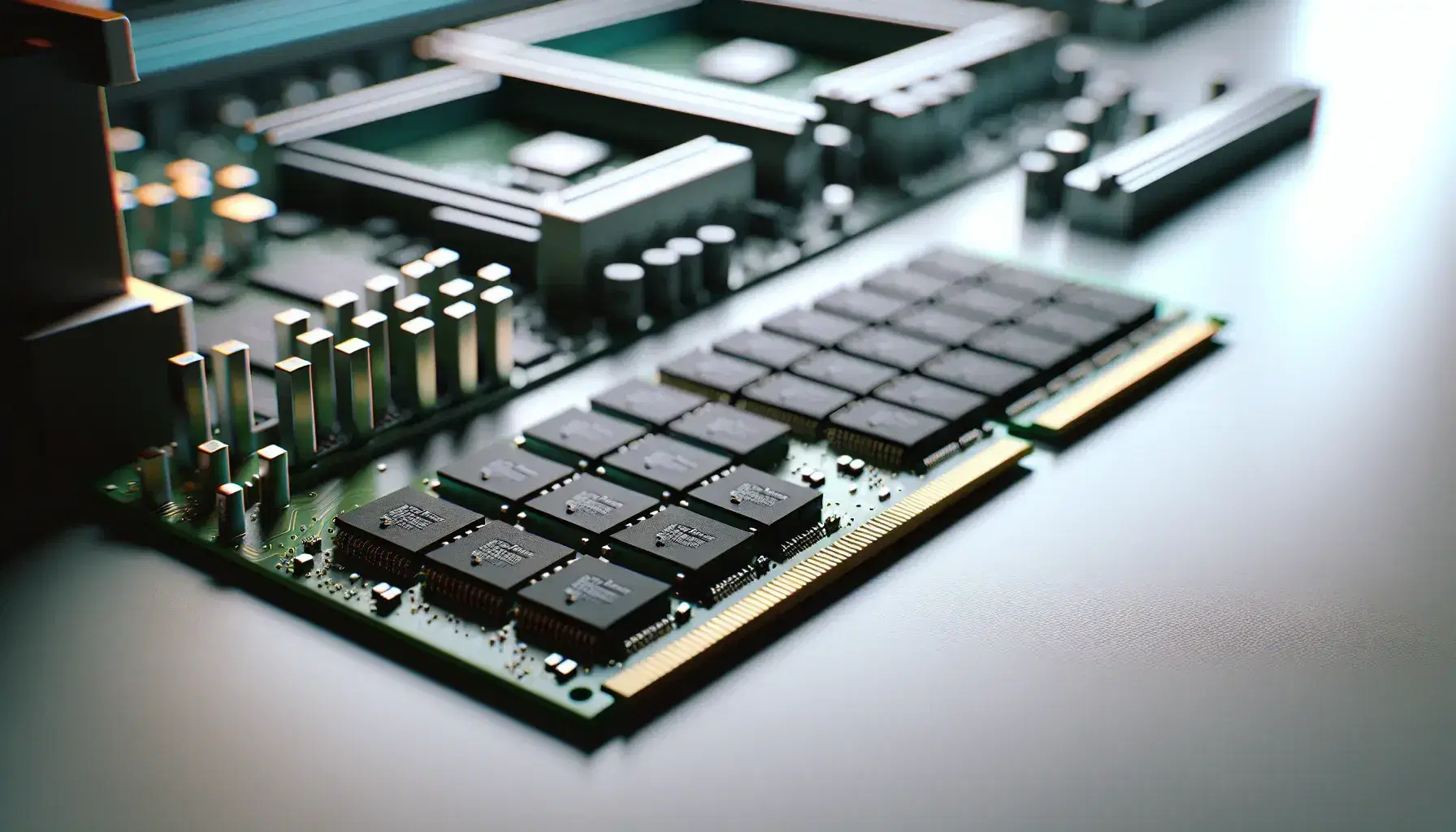 Moduli di memoria DRAM su tavolo chiaro con chip neri su circuito verde e connettori dorati, sfondo sfocato di computer aperto.