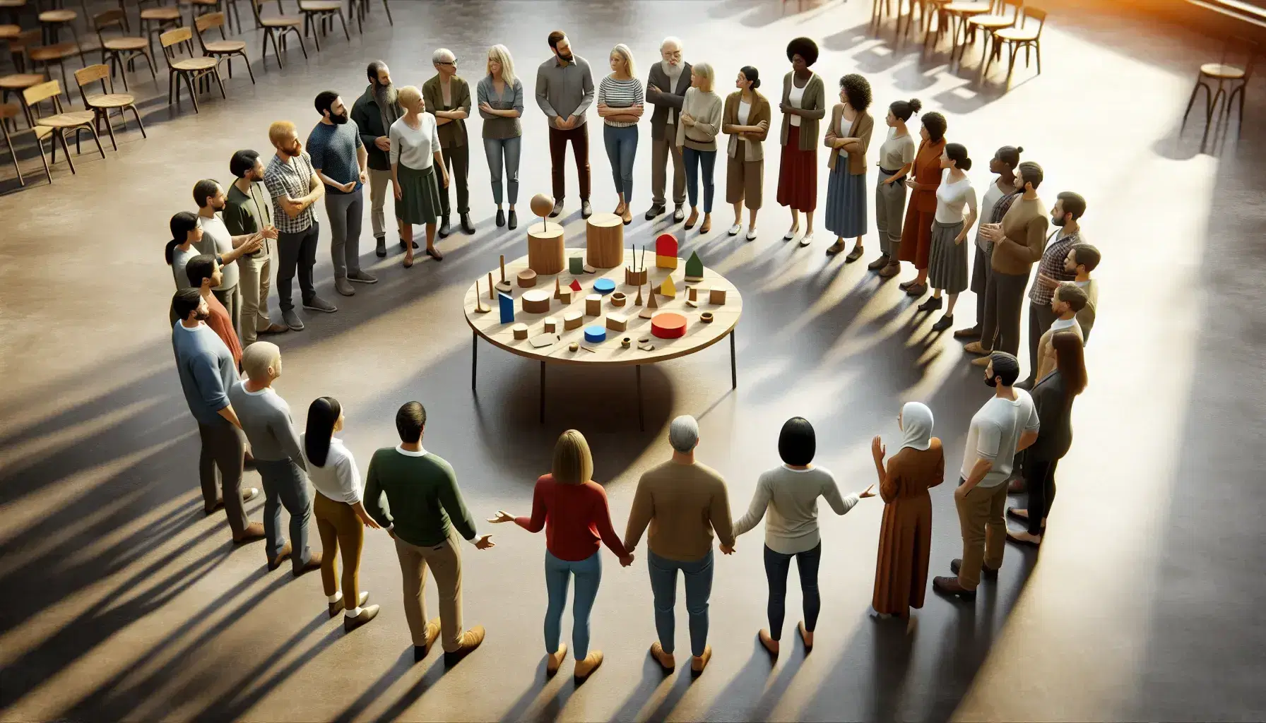 Grupo diverso de personas en animada discusión en círculo alrededor de una mesa con figuras geométricas de colores, en un espacio iluminado.