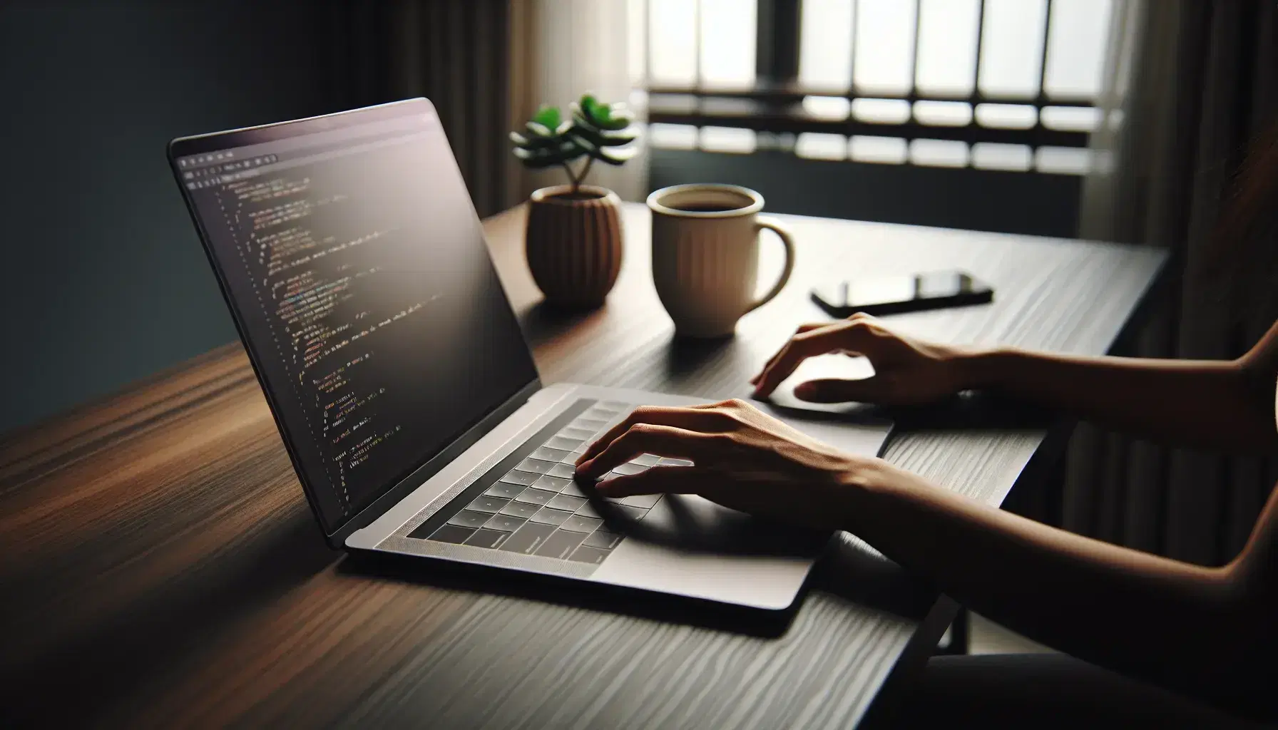 Hands of a South Asian woman typing on a modern laptop keyboard on dark wooden desk, white cup and green plant blurred in the background.