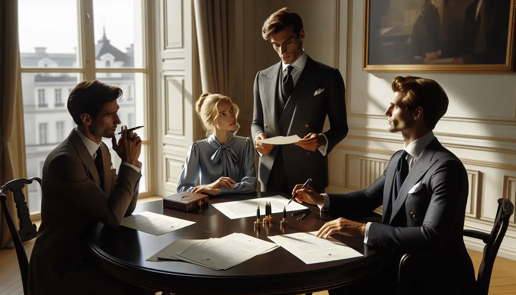 Tre professionisti in abiti formali discutono documenti attorno a un tavolo rotondo in una stanza luminosa con fiori e simbolo della giustizia sullo sfondo.