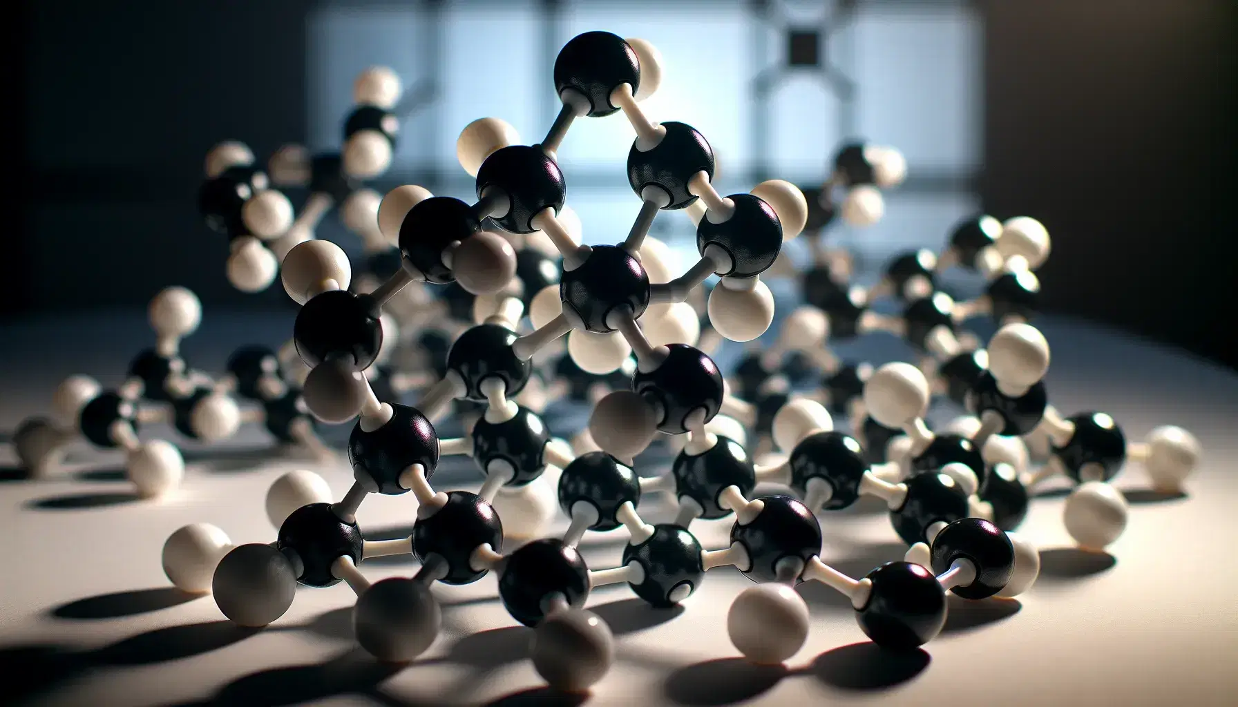 Molecular model with black plastic benzene ring and white hydrogens, highlighting the hexagonal structure with alternating bonds.