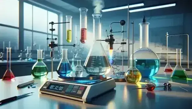 Laboratorio de química con matraces Erlenmeyer de líquidos coloridos, probeta con líquido verde, balanza analítica y mechero Bunsen encendido.