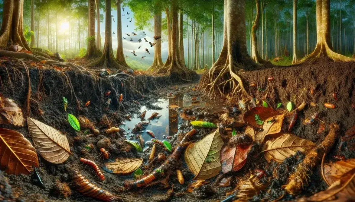 Escena natural mostrando el ciclo del carbono con suelo fértil, hojas en descomposición, insectos, bosque frondoso, un arroyo claro y contaminación por plásticos.