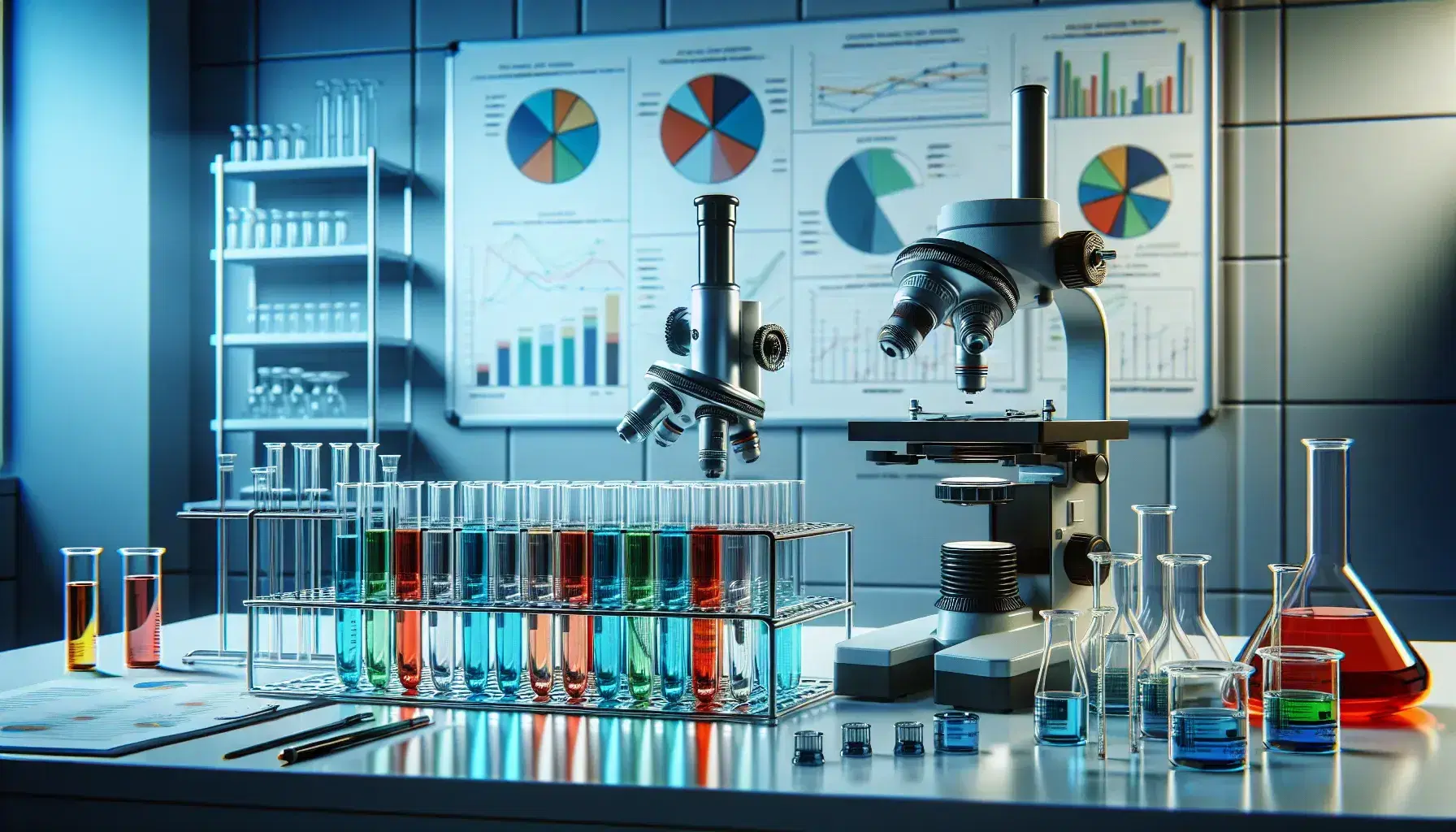 Laboratorio de investigación con tubos de ensayo de colores en estante metálico, microscopio moderno y pizarra con gráficos al fondo.