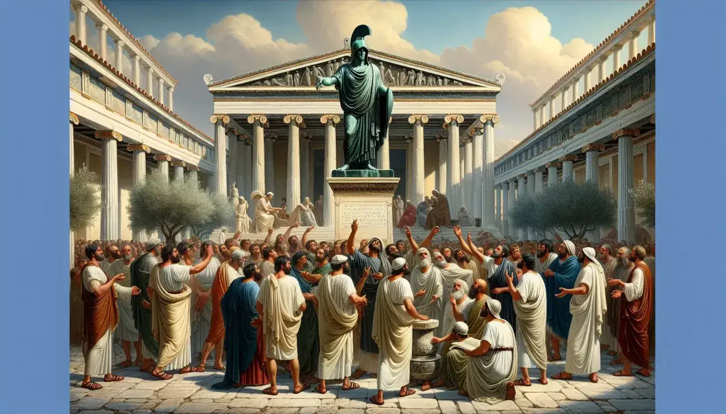 Scena vivace nell'Agorà di Atene con statua di Pericle, cittadini in dialogo, colonne marmoree, ulivi e urna per votazioni.
