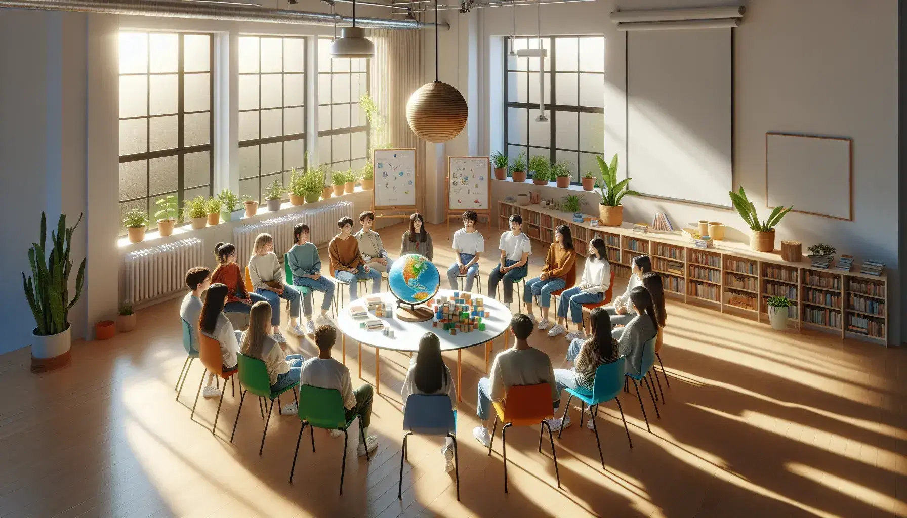 Estudiantes diversos sentados en círculo en un aula iluminada con globo terráqueo, bloques de colores y planta en la mesa, discutiendo activamente.