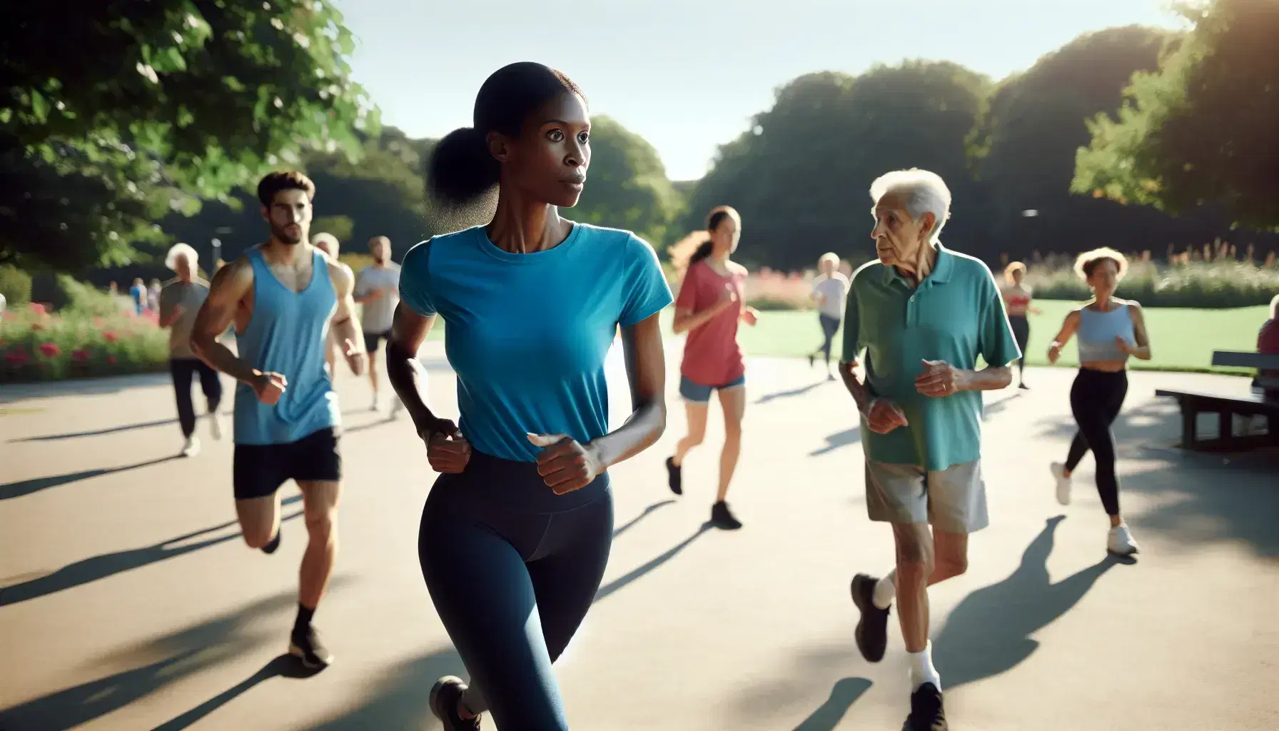 Diverse group exercising in park, with Black woman jogging, Middle-Eastern man stretching, and elderly Caucasian man walking among others.