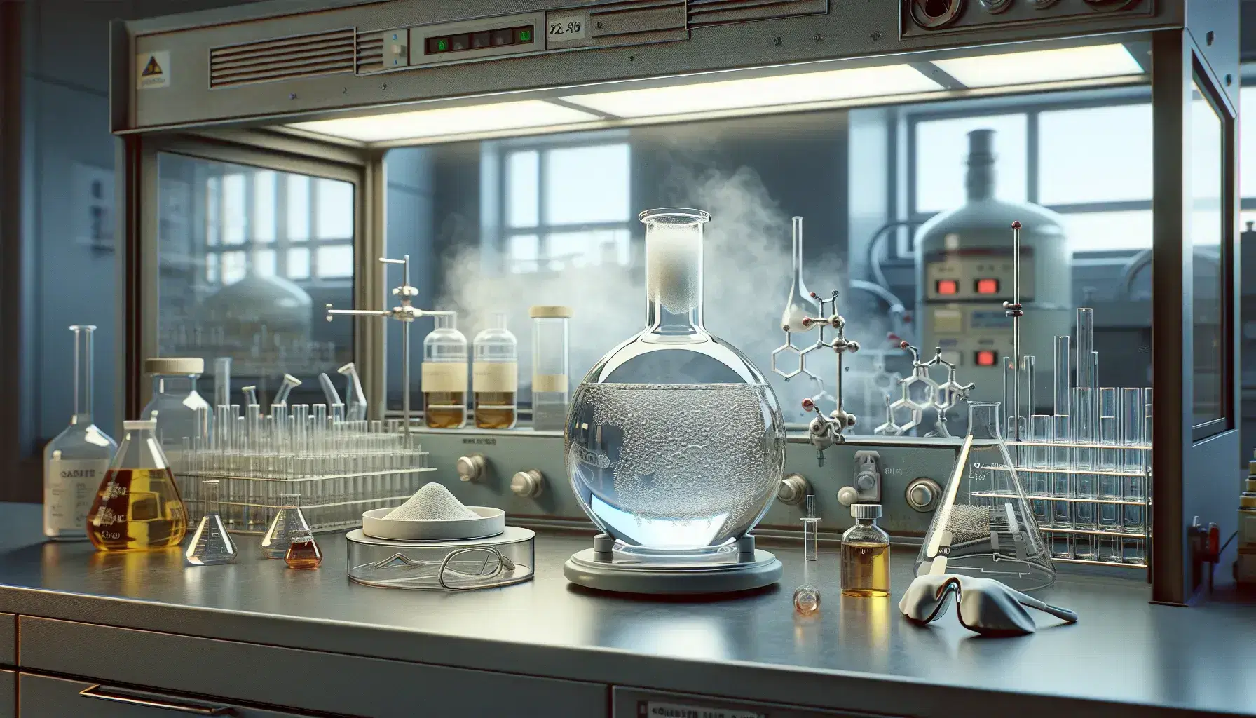Laboratory with round bottom flask and transparent liquid, Petri dish with crystalline solids, safety glasses and latex gloves, hood with glassware.