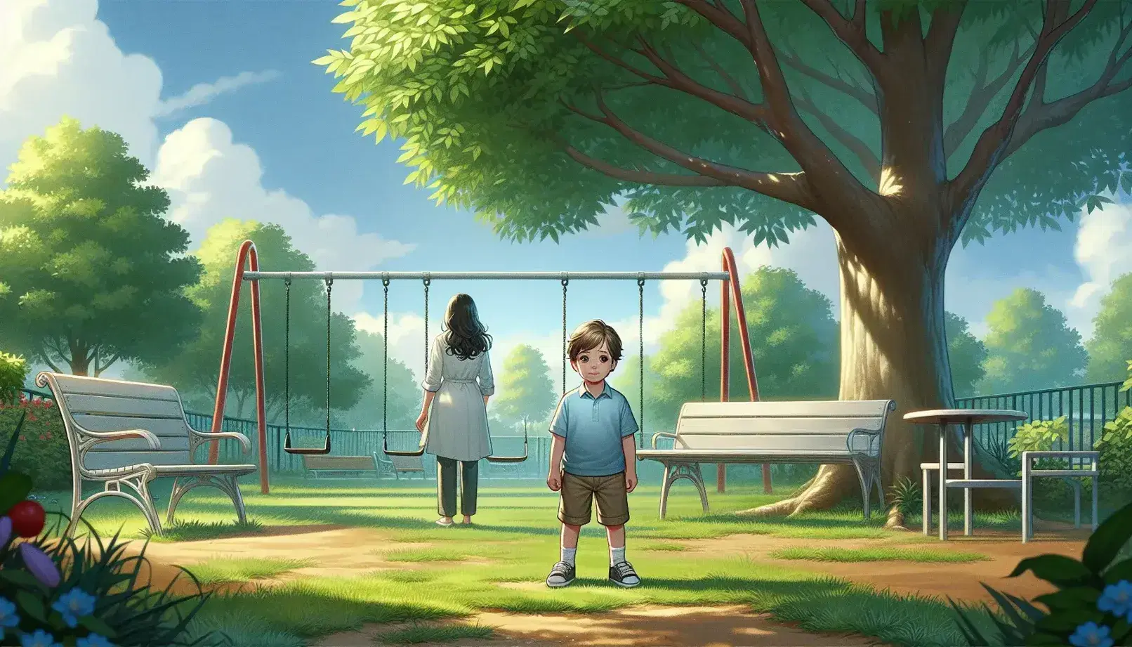 Niño pequeño de pie en parque con mujer sentada en banco al fondo, árbol frondoso a la derecha y columpios vacíos a la izquierda bajo cielo azul.