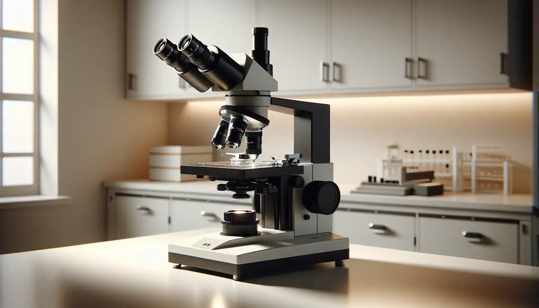 Microscopio ottico nero e argento su tavolo da laboratorio chiaro con obiettivi, portaoggetti e tessuto biologico illuminato.
