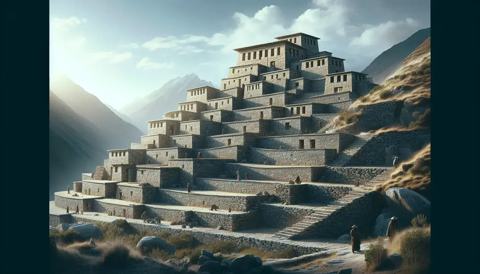 Construcción de terrazas de piedra en ladera de montaña con estructura superior y figuras humanas entre vegetación típica, bajo cielo azul con nubes dispersas.