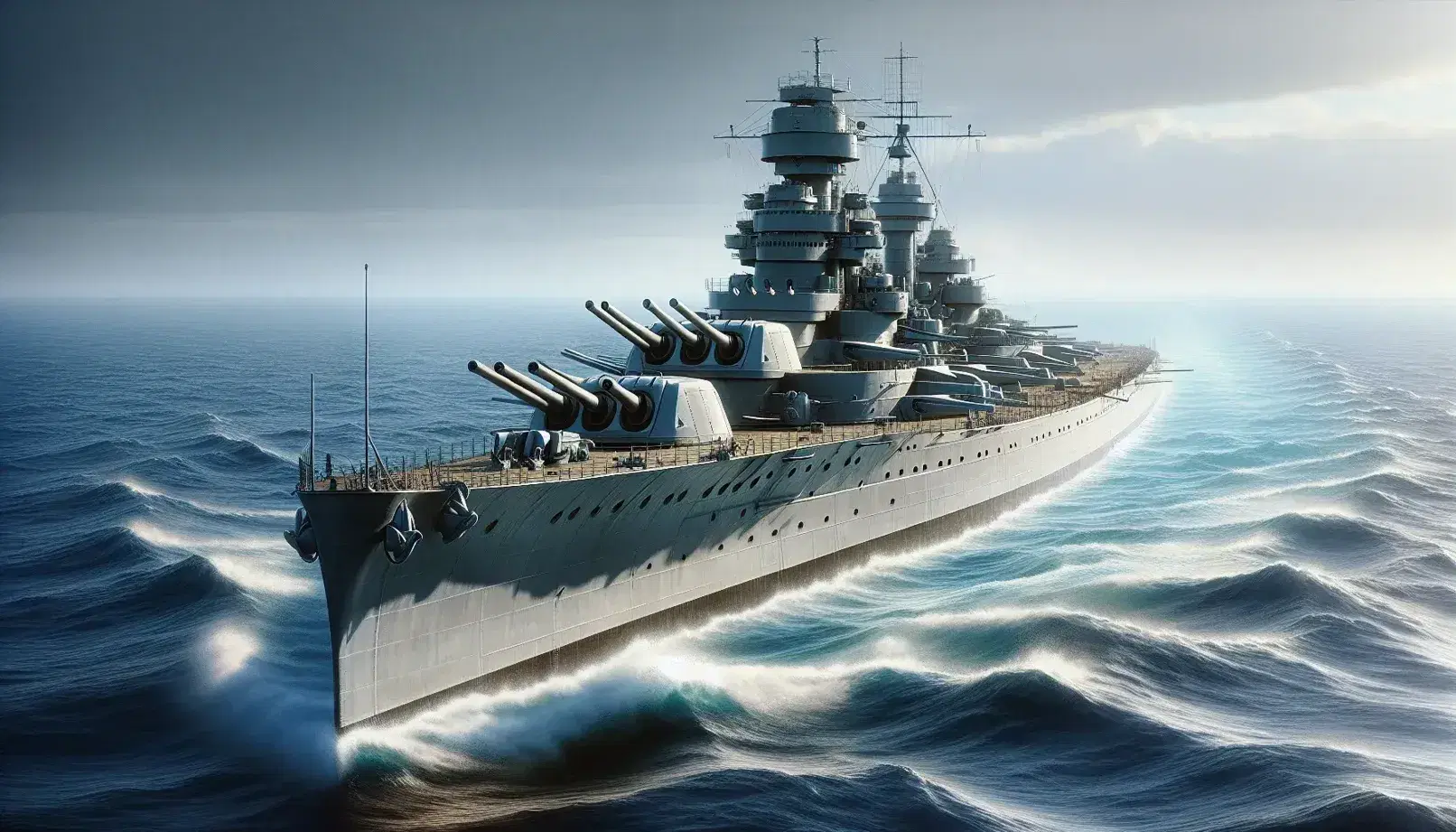 World War II battleship at sea with turrets and naval guns, blue sky with scattered clouds and fighter plane in flight.