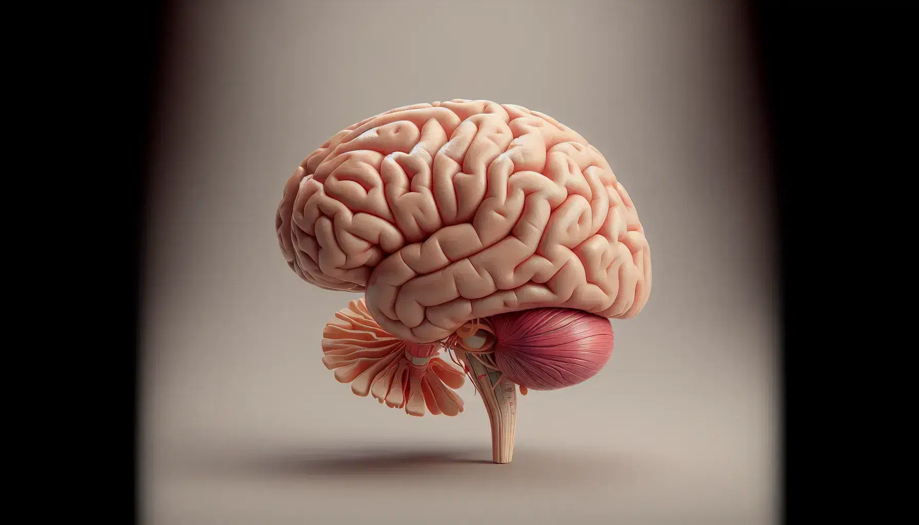 Modelo anatómico tridimensional del cerebro humano con hemisferios cerebrales, tronco encefálico y cerebelo detallados sobre fondo neutro.