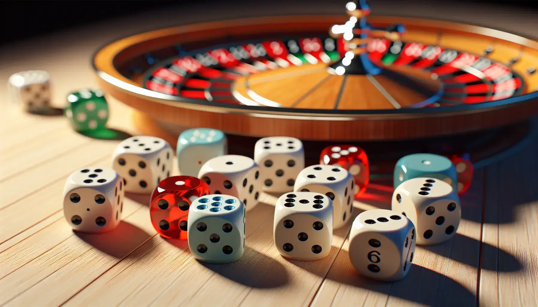Dados de colores dispersos sobre mesa de madera con rueda de ruleta desenfocada al fondo, simbolizando azar y juegos de mesa.