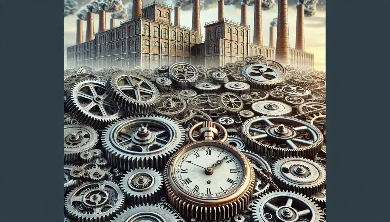 Ingranaggi interconnessi in primo piano con orologio tascabile dorato e sfondo di fabbrica industriale con ciminiere fumanti.