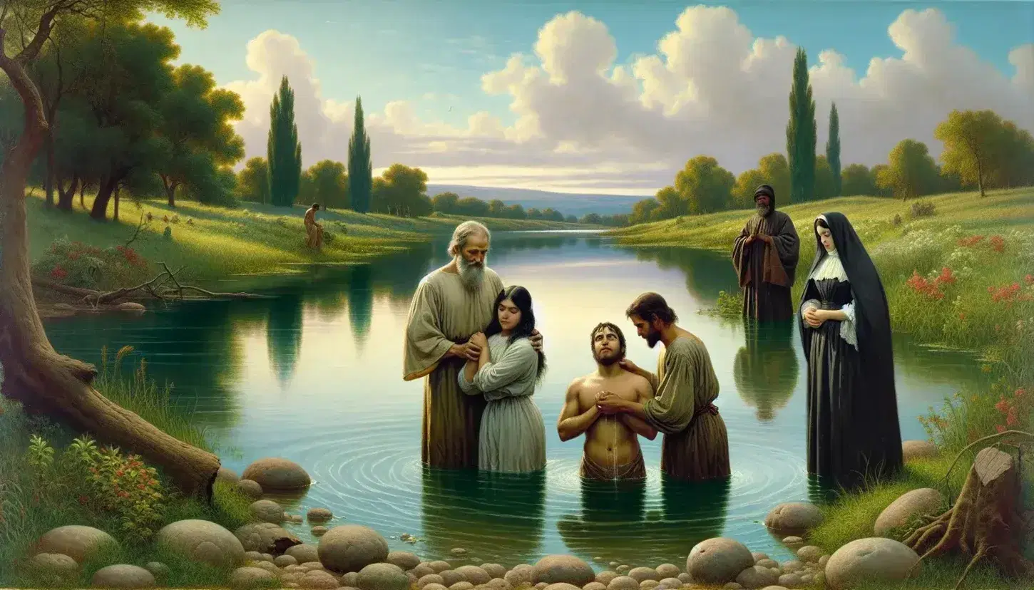 Serene river landscape with a man baptizing another while a woman observes, reflecting a tranquil spiritual ceremony in nature's embrace.