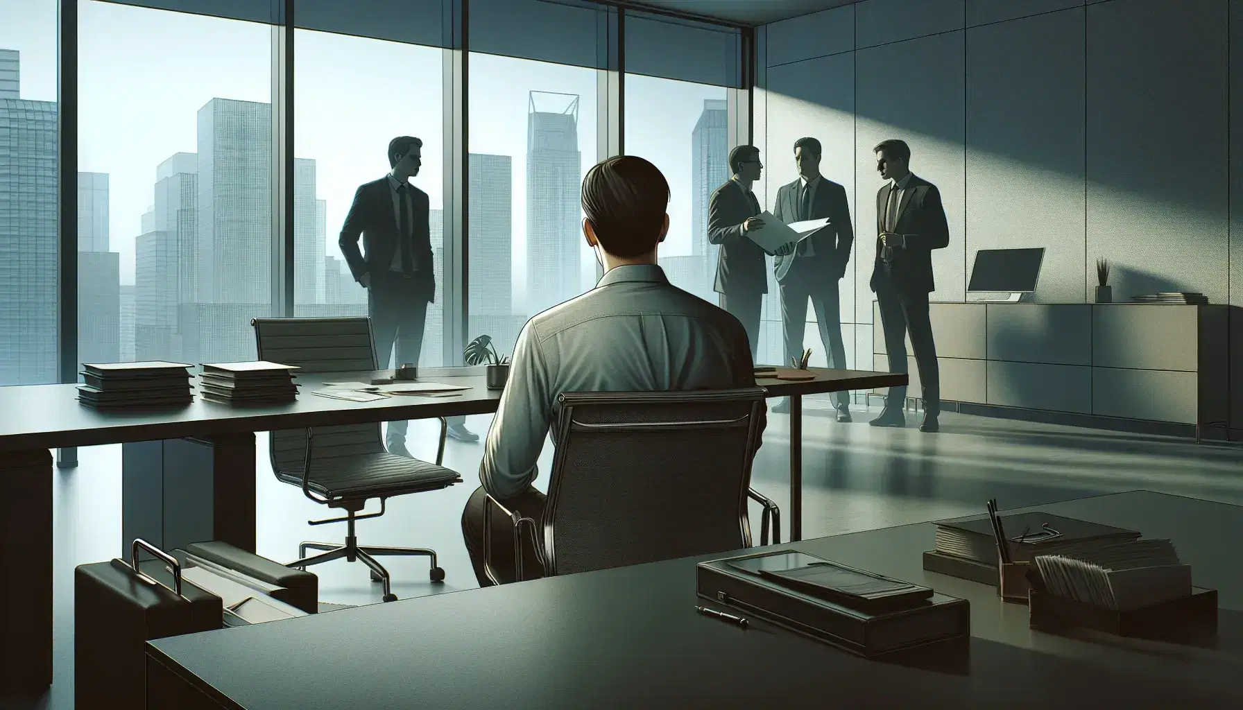 Person sitting with back to computer in modern office with three colleagues in serious discussion, naturally lit professional environment.