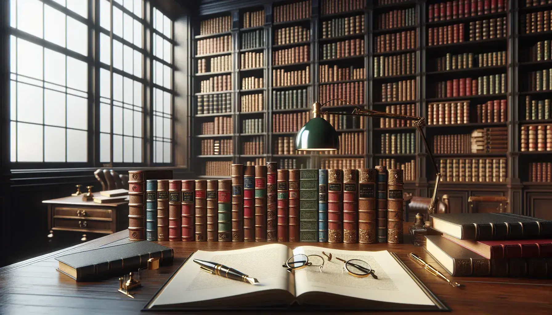 Biblioteca con scaffali in legno scuro pieni di libri rilegati, scrivania con libri aperti, occhiali e penna stilografica, lampada accesa.