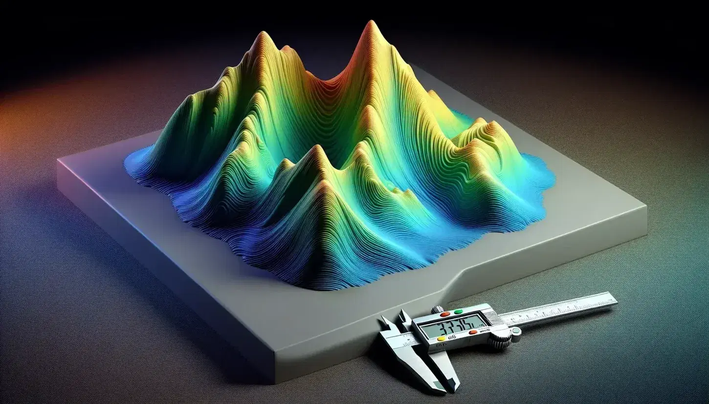 Three-dimensional topographic model with color gradient from blue valleys to yellow peaks, with calipers measuring a hill and a ruler beside it.