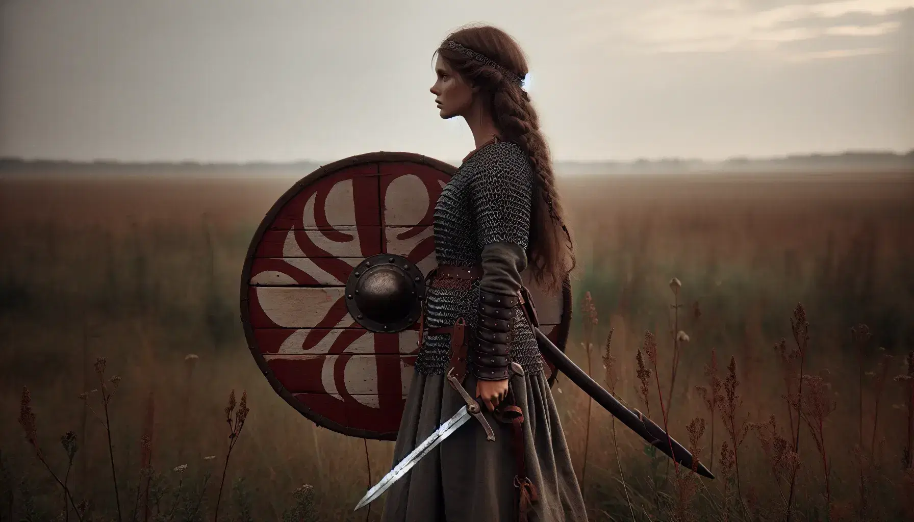 Viking shieldmaiden in chainmail with braided hair, helmet, round shield, and raised sword stands in a grassy field under an overcast sky.