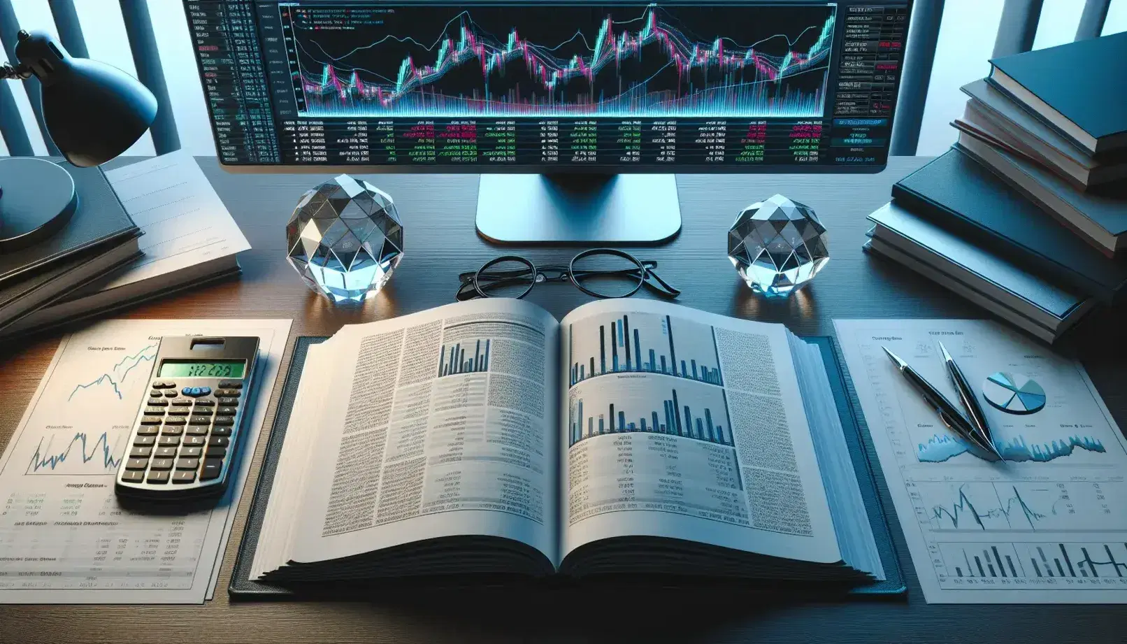 Organized office desk with financial analysis textbook, calculator, paperweight on charts, stock market monitor, eyeglasses, and pen on notepad.