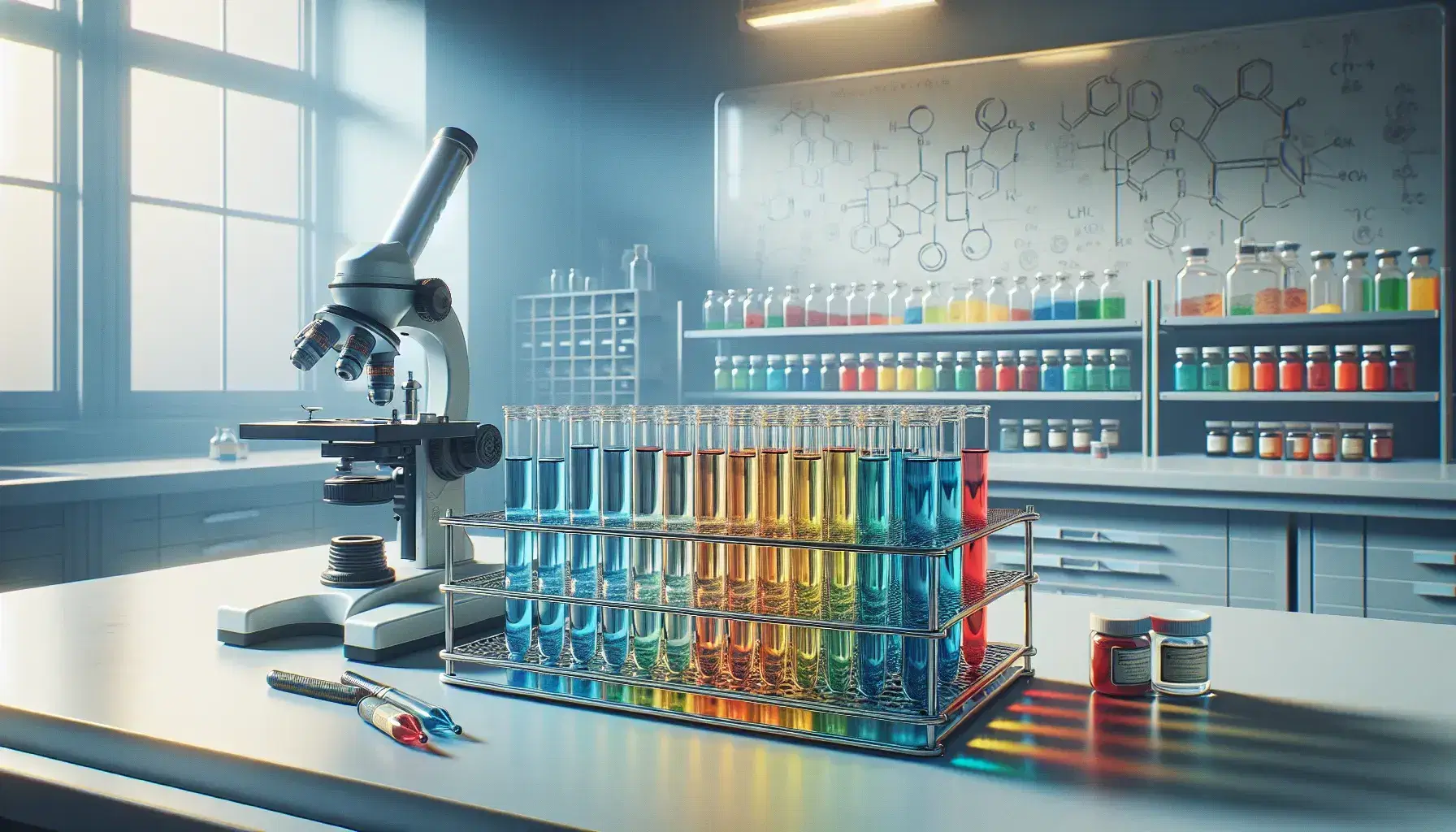 Laboratorio de investigación con tubos de ensayo de colores en soporte metálico y microscopio plateado, estantes con frascos de polvos y pizarra al fondo.