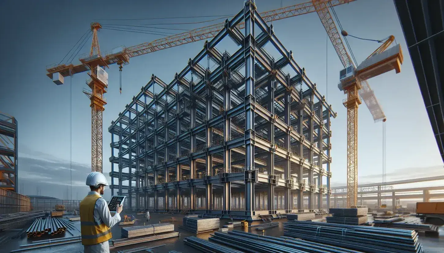Estructura de acero en construcción con ingeniero revisando planos en tablet, grúa torre amarilla y cielo despejado.
